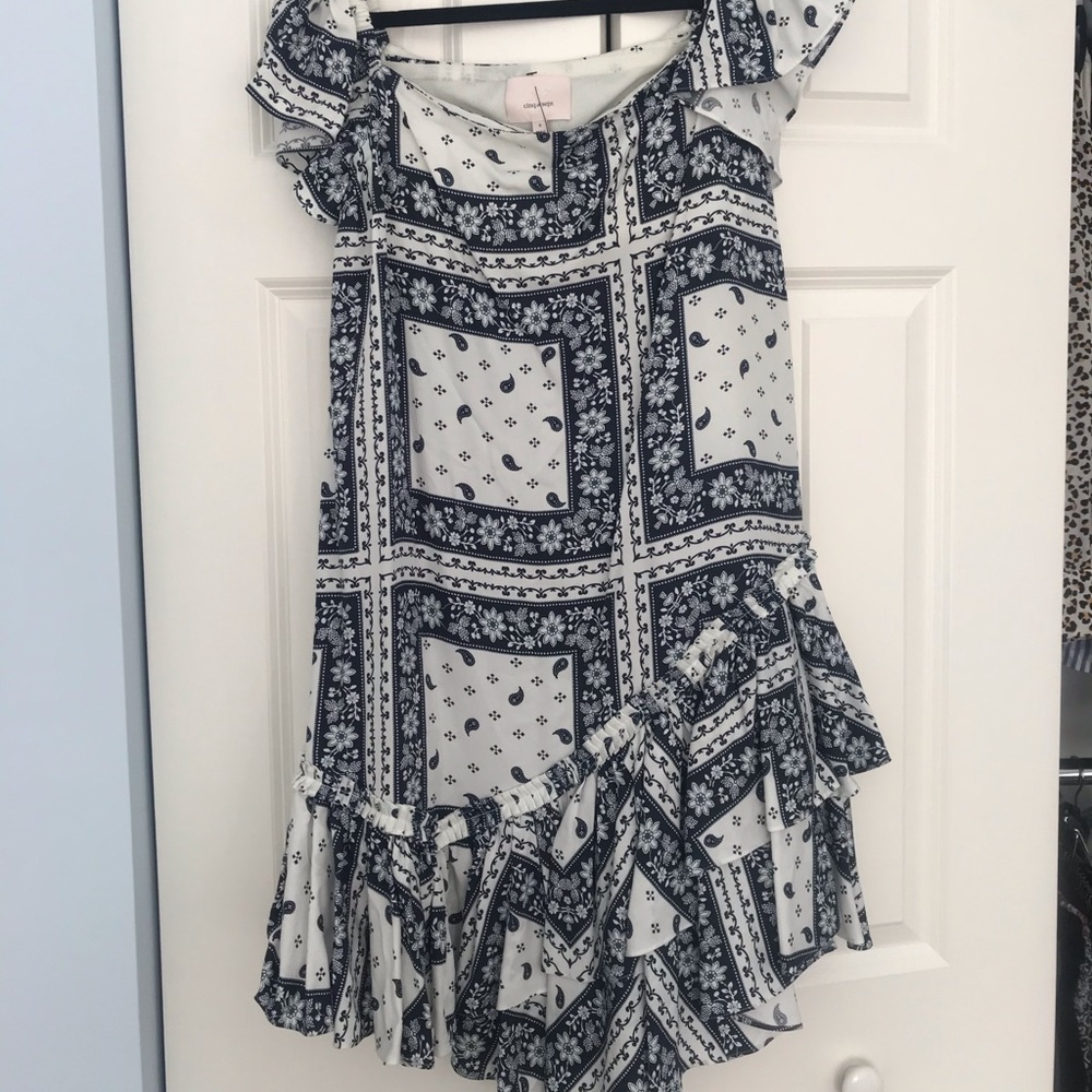 Cinq a sept blue and white pattern dress